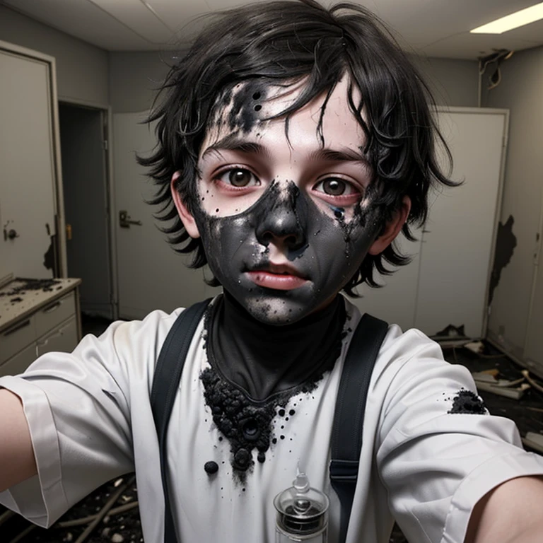 A boy covered in soot wearing burnt clothes after a failed experiment