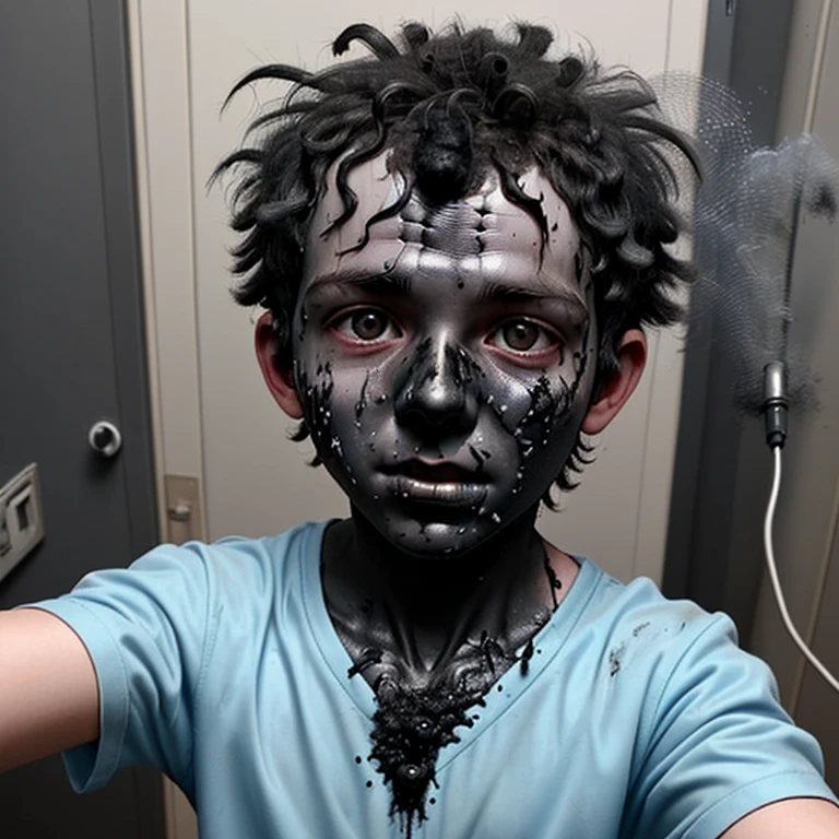 Selfie of science-loving boy covered in soot after getting electrocuted
