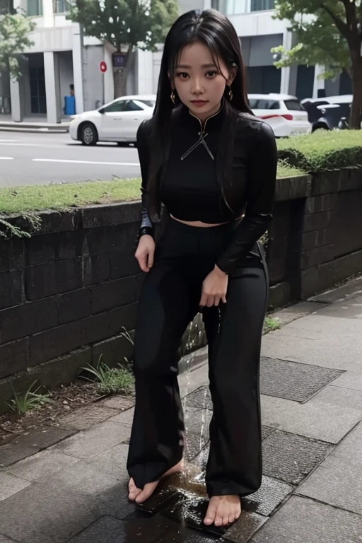 Malay Girl sees the ghost and pees her black ao dai pants until her pants are wet in fright.