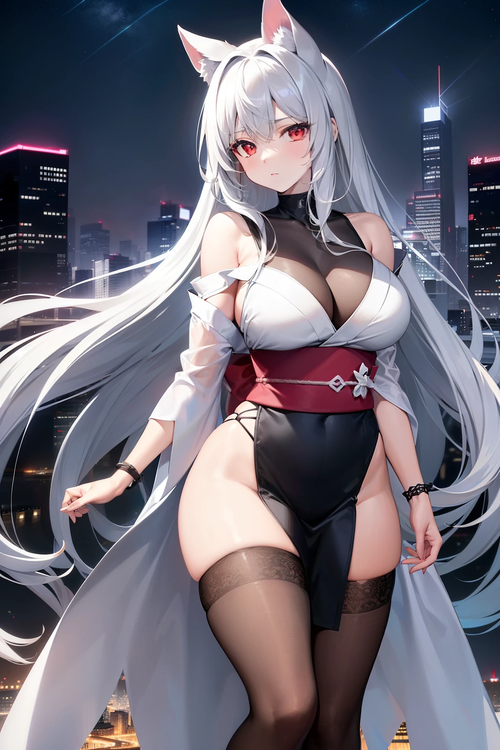 Masterpiece, Ultra-detailed Anime, One Woman (Solo, Full-body, Plus-size, Standing on the Edge of a Skyscraper, Silvery-white Long Hair trailing like a Horse's Tail, Red Eyes shining like Perfect Rubies, (Wearing a Simple Long Black Kimono, adorned with Black Cybernetics glowing with Neon Pink)), ((Transparent Black Stockings)), (Skyscraper Roof, with a cityscape as the backdrop, Detailed night-time scene with low light pollution)).