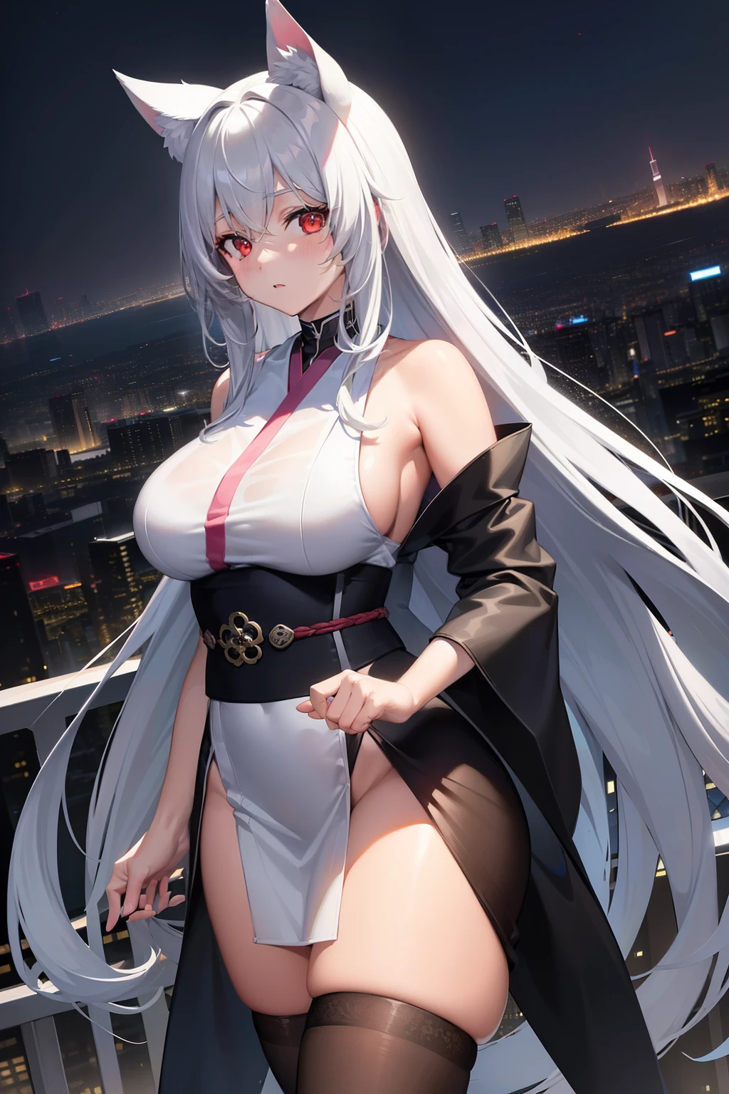 Masterpiece, Ultra-detailed Anime, One Woman (Solo, Full-body, Plus-size, Standing on the Edge of a Skyscraper, Silvery-white Long Hair trailing like a Horse's Tail, Red Eyes shining like Perfect Rubies, (Wearing a Simple Long Black Kimono, adorned with Black Cybernetics glowing with Neon Pink)), ((Transparent Black Stockings)), (Skyscraper Roof, with a cityscape as the backdrop, Detailed night-time scene with low light pollution)).