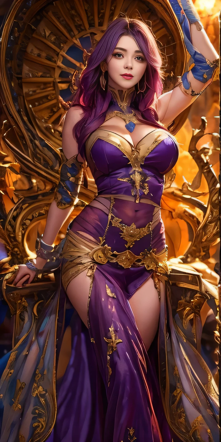 One girl, sword-wielding wizard's daughter, bewitching, sexy, erotic, beautiful face, detailed and perfect face, large and even eyes, perfect proportions, huge breasts, thin waist, navel, big buttocks, crotch Gap, sexy thighs, dynamic pose, bright purple hair and red eyes, and in her right hand she holds a shining sword, the blade of which is covered in flames.  Its body is light and agile, able to fly freely, sexy, old castles, large lakes, large mountains, etc.