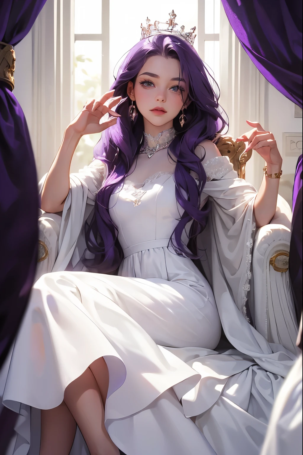 (masterpiece, highest quality), 1 Girl, alone, (Queen:1.15), Purple Hair, Long Hair, curtain, White Dress, Queen's Dress, Aurora, (sunlight, null, river, forest), Expressionless, Red eyes, (Art Nouveau:1.2), Alphonse Mucha, tiara, (Face focus, Upper Body), (Red Throne:1.12), Very intricate details, Realistic Light, smile