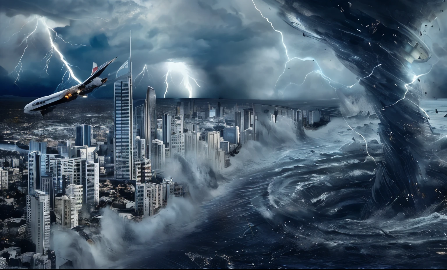 arafed jet flying over a city in a storm with lightning, apocalyptic tumultuous sea, apocalypse hurricane storm, shockwaves are coming out, end of world, end of the world, apocalyptic event, dramatic action atmosphere, storm background, storm of all storms, apocalypse storm, amazing wallpaper, apocalyptic future city, sea storm, city destruction, apocalypse art