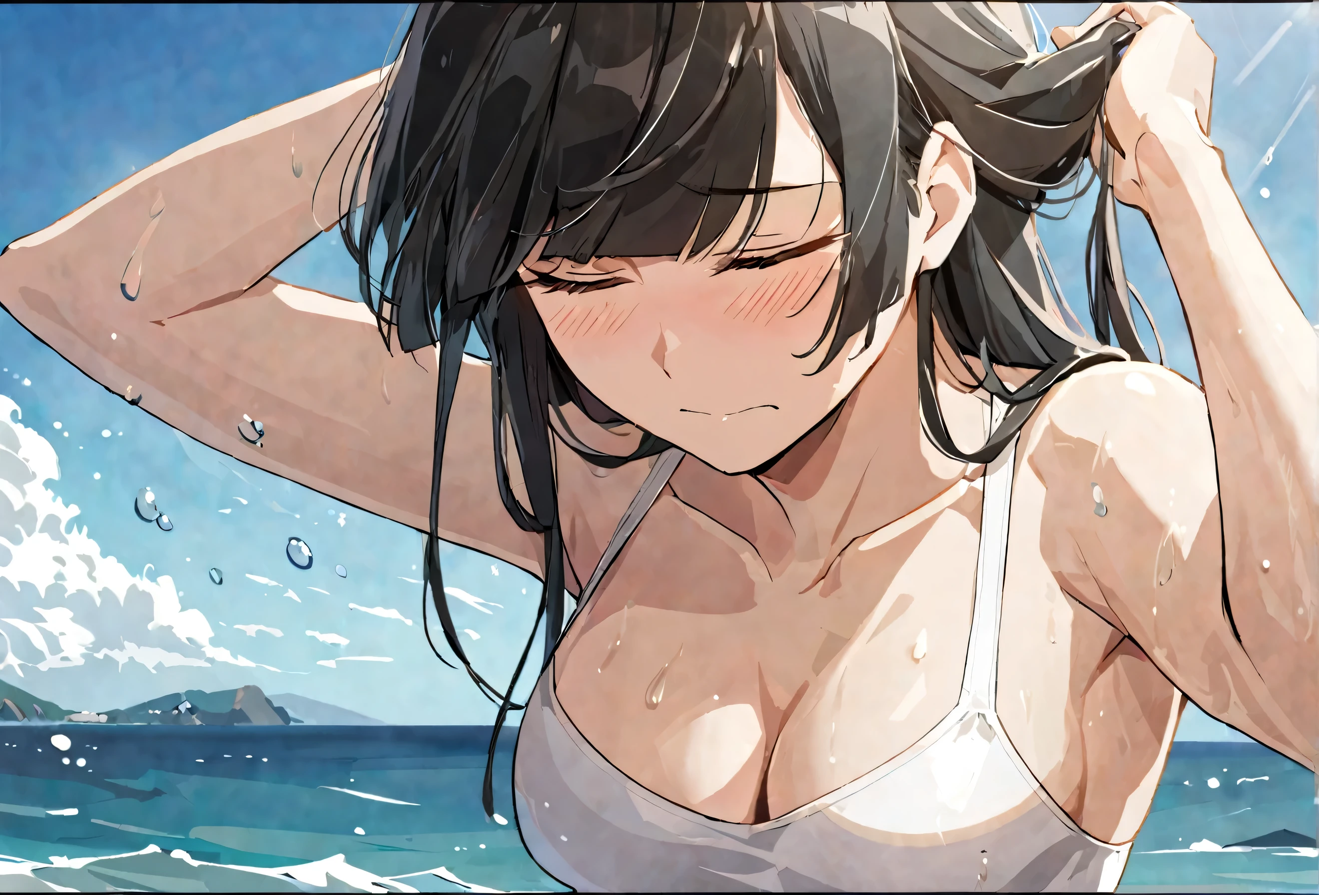 masterpiece,best quality, solo, eda, bangs, black hair, blue sky,cloud, shy expression, blushing expression, embarrassed expression, medium breast, hot, thicc, ocean, water, she is grabing her chest, she was concerned ,she is hiding her chest from others, she is embarassed , she has a medium chest, she is wearing a white swimsuit, serius look, she is wearing swimsuit, she is looking at you, she has serius look on the viewer, closed mouth, sando, cleavage, upper body, she is embarrased, dinamic view, dynamic pose, she is tying her hair, she is shy, closed eyes, closer view