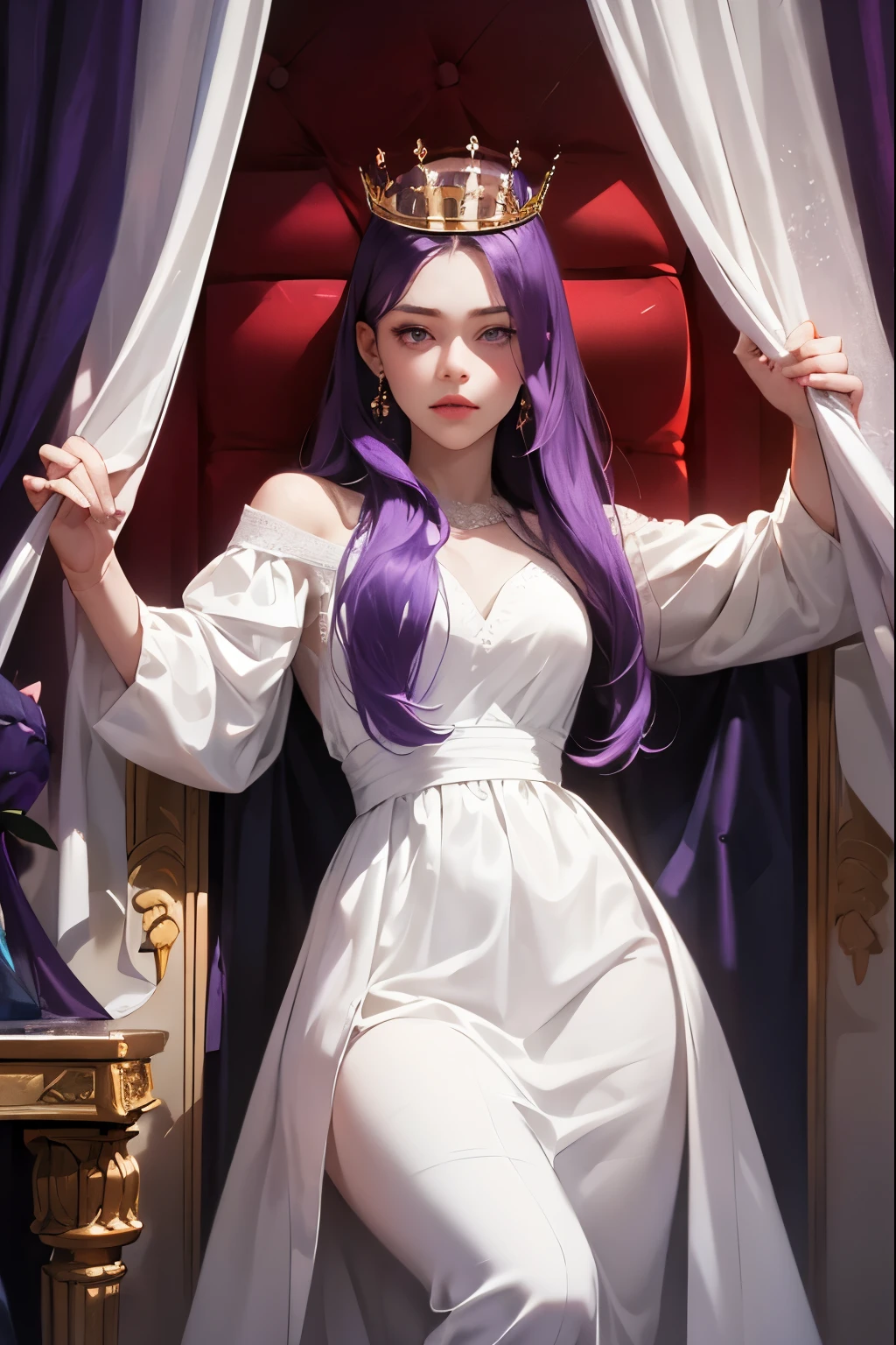(masterpiece, highest quality), 1 Girl, alone, (Queen:1.15), Purple Hair, Long Hair, curtain, White Dress, Queen's Dress, Aurora, (sunlight, null, river, forest), Expressionless, Red eyes, (Art Nouveau:1.2), Alphonse Mucha, tiara, (Face focus, Upper Body), (Red Throne:1.12), Very intricate details, Realistic Light, smile