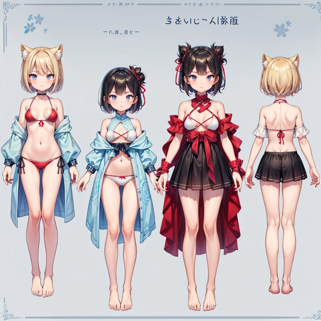 ID photo、1girl、Standing in front of the viewer、vtuber-fullbody、highest quality、Masterpiece、Official Art、The best composition、Super detailed、short hair、Simple bikini、Small breasts、barefoot、Upright Pose、Character Design、Front standing portrait、Simple Background、 (Perfect hands, Perfect Anatomy), perfect,fingers,4 fingers1 thumb