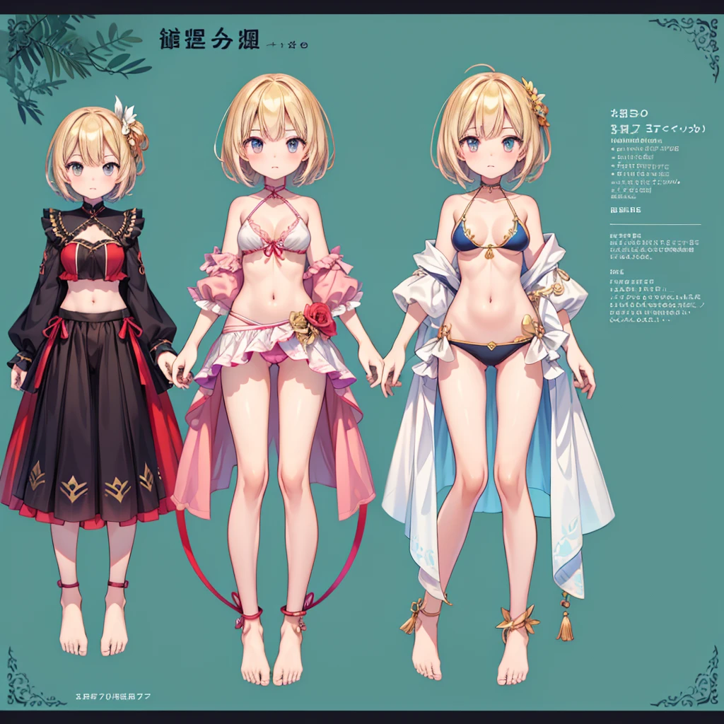 ID photo、1girl、Standing in front of the viewer、vtuber-fullbody、highest quality、Masterpiece、Official Art、The best composition、Super detailed、short hair、Simple bikini、Small breasts、barefoot、Upright Pose、Character Design、Front standing portrait、Simple Background、 (Perfect hands, Perfect Anatomy), perfect,fingers,4 fingers1 thumb