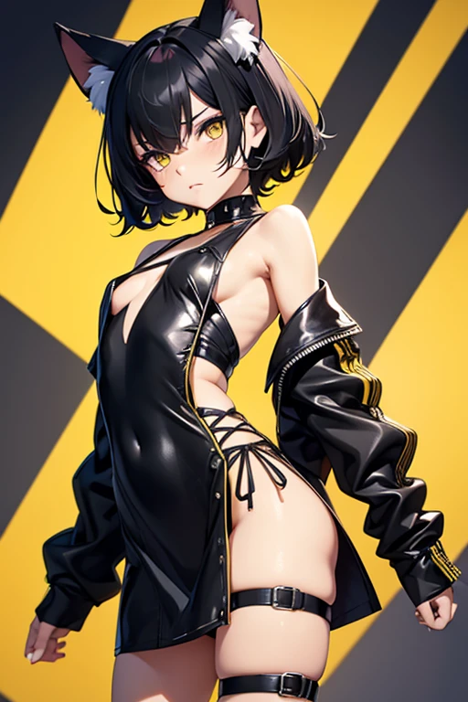 femboy, (flat chest:1.2), miniskirt with side slit, straps on torso, straps on arms, (knees spread), short messy black hair, light amber eyes, [cat ear accessory], blushing, high_quality, masterpiece, 4k, background:abstract, arched back, (black and yellow clothing), arms at sides, standing, bare legs, facing front, straps on legs