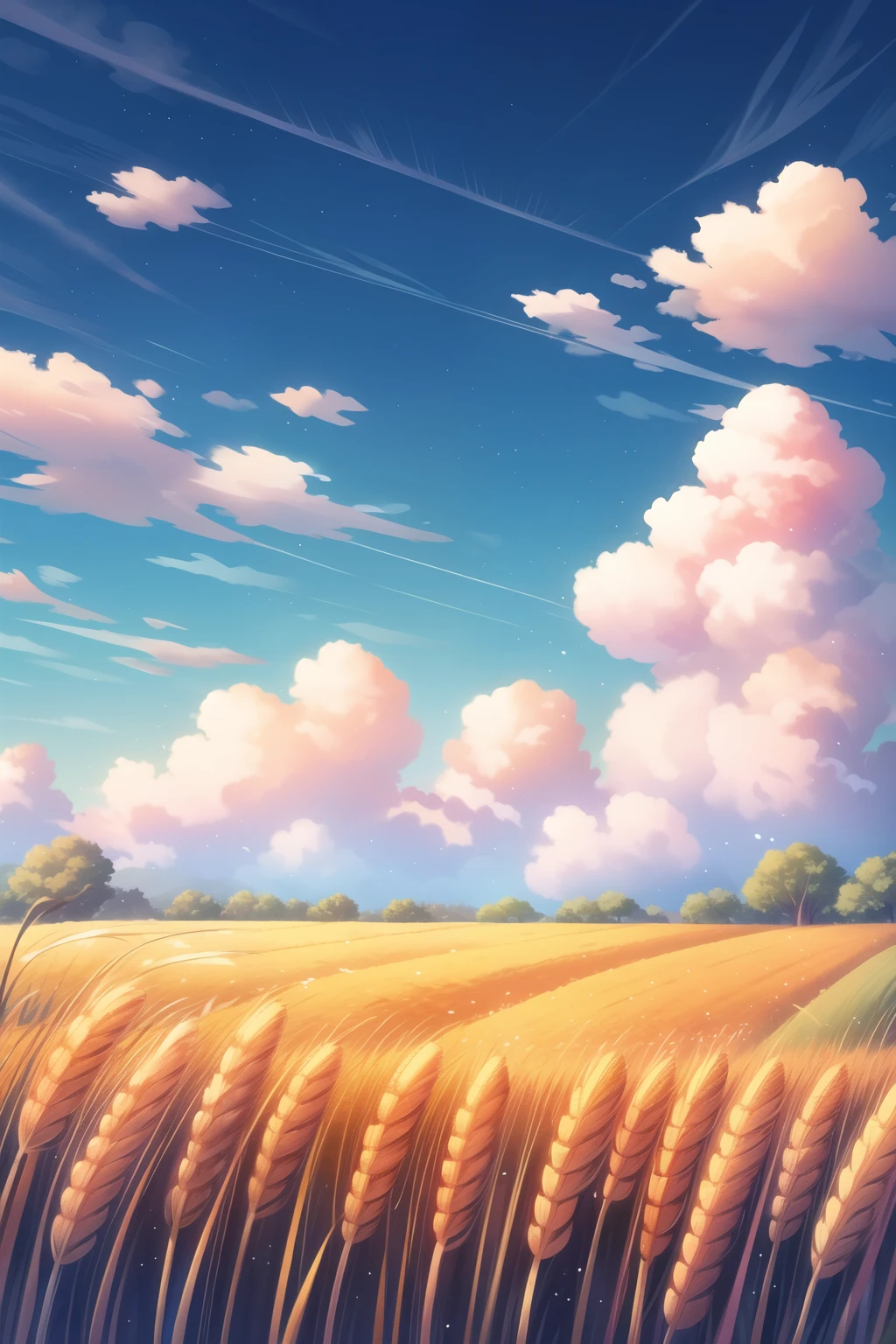 Wheat field with blue sky and white clouds 