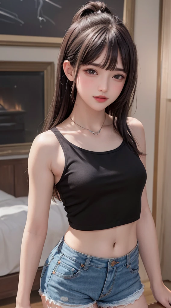 masterpiece, best quality, official art, extremely detailed CG unity 8k wallpaper,1girl, perfect face, beautiful detailed eyes, perfect body, white camisole pull, pink buruma, black long hair, middle breasts,  black tube top, looking at viewer,