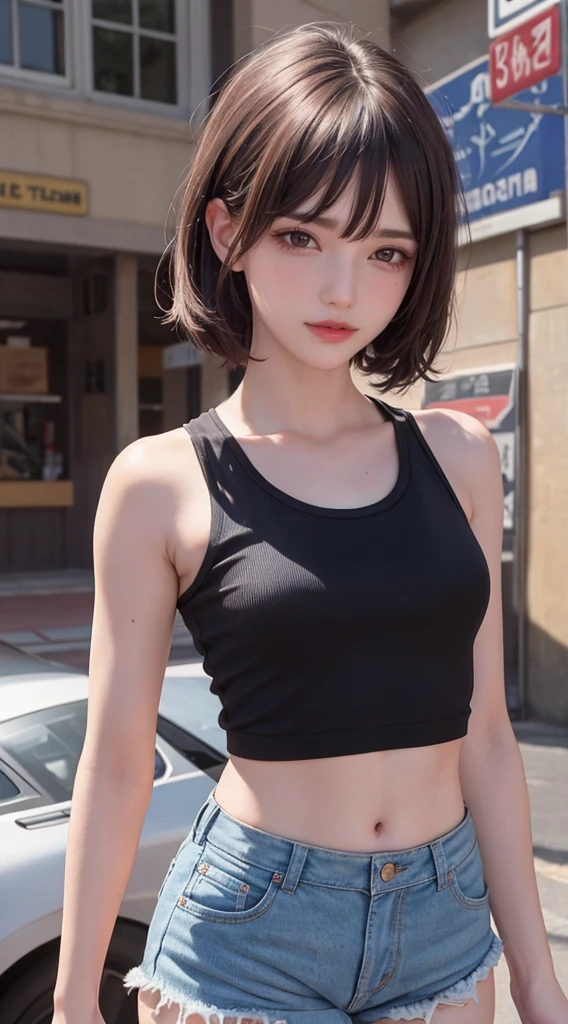 The best quality in the best condition，masterpiece，Photo - Real 16K，21 years old、((Mid-chest, Tomboy, Small Head)), Dawn, sunlight, (Trained abdominal muscles : 1.1), (Perfect body : 1.1), (Short Wavy Hair : 1.2) , Auburn Hair, collar, Lock, Full Body Shot, Crowded street, Wearing a black tank top, Jeans jacket, ((Shorts)), (Highly detailed CG 8k wallpaper), (Very delicate and beautiful), (masterpiece), (highest quality:1.0), (ultra High resolution:1.0),  Beautiful lighting ,Perfect Lightning, Realistic Shadows, [High resolution], Detailed skin, Super detailed、Natural sexiness