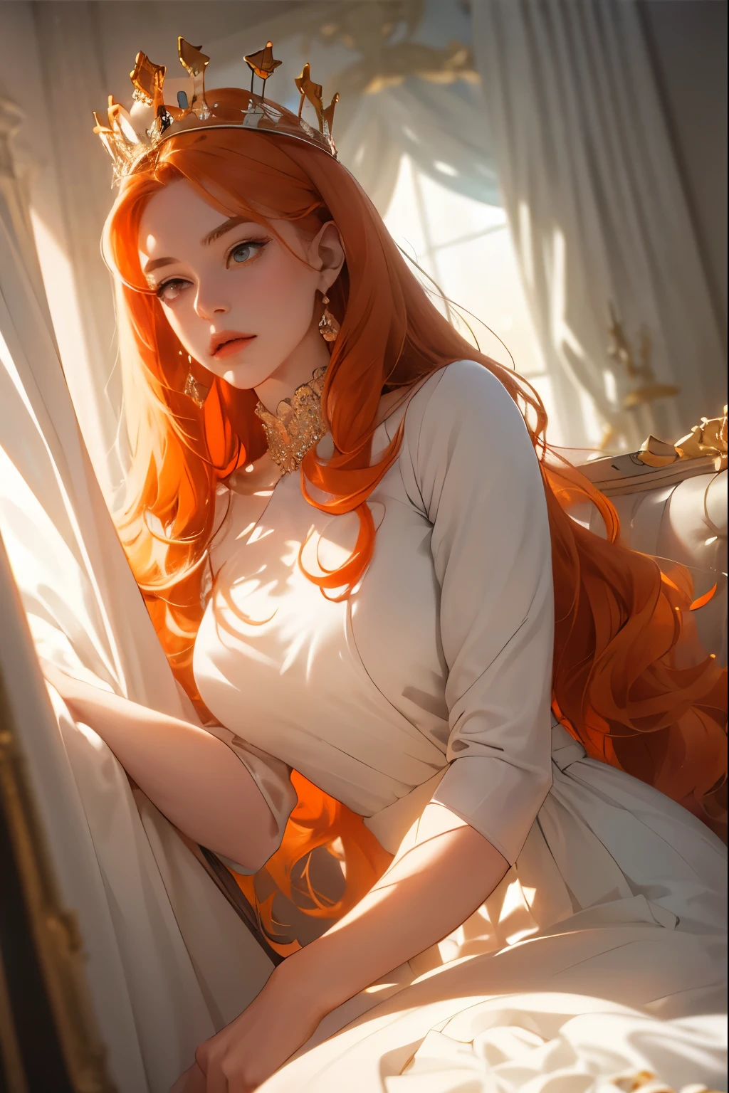 (masterpiece, highest quality), 1 Girl, alone, (Queen:1.15), Orange Hair, Long Hair, curtain, White Dress, Queen&#39;s Dress, Aurora, (sunlight, null, river, forest), Expressionless, Red eyes, (Art Nouveau:1.2), Alphonse Mucha, tiara, (Face focus, Upper Body), (Red Throne:1.12), Very intricate details, Realistic Light, smile