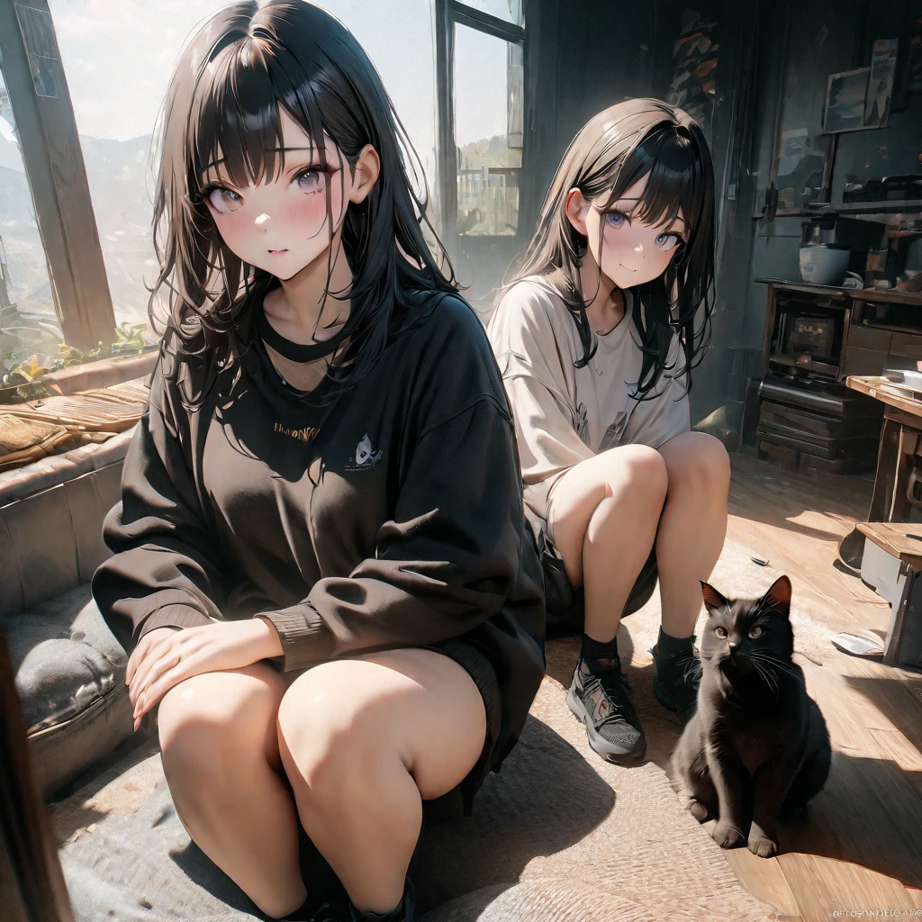 highest quality, Perfect Face, Complex, Beautiful views, Ultra-realistic 8K CG,Perfect artwork, (Ultra-high resolution:1.0), 8k, RAW Photos, (masterpiece:1.2), (PurerosFace_v1:0.5), 2 cats, Two Girls, Sitting, Crouching with one&#39;s back turned, A girl carrying a cat on her back, A cat curled up and sleeping on a girl&#39;s back, Girl&#39;s face looking back, Cat on top, Girl below, Curled up in the cold, A girl curled up and her friend&#39;s girl looking at a cat, indoor, Western-style room, poster on wall, Low Desk, textbook, Note, A scene of students relaxing while studying for a test