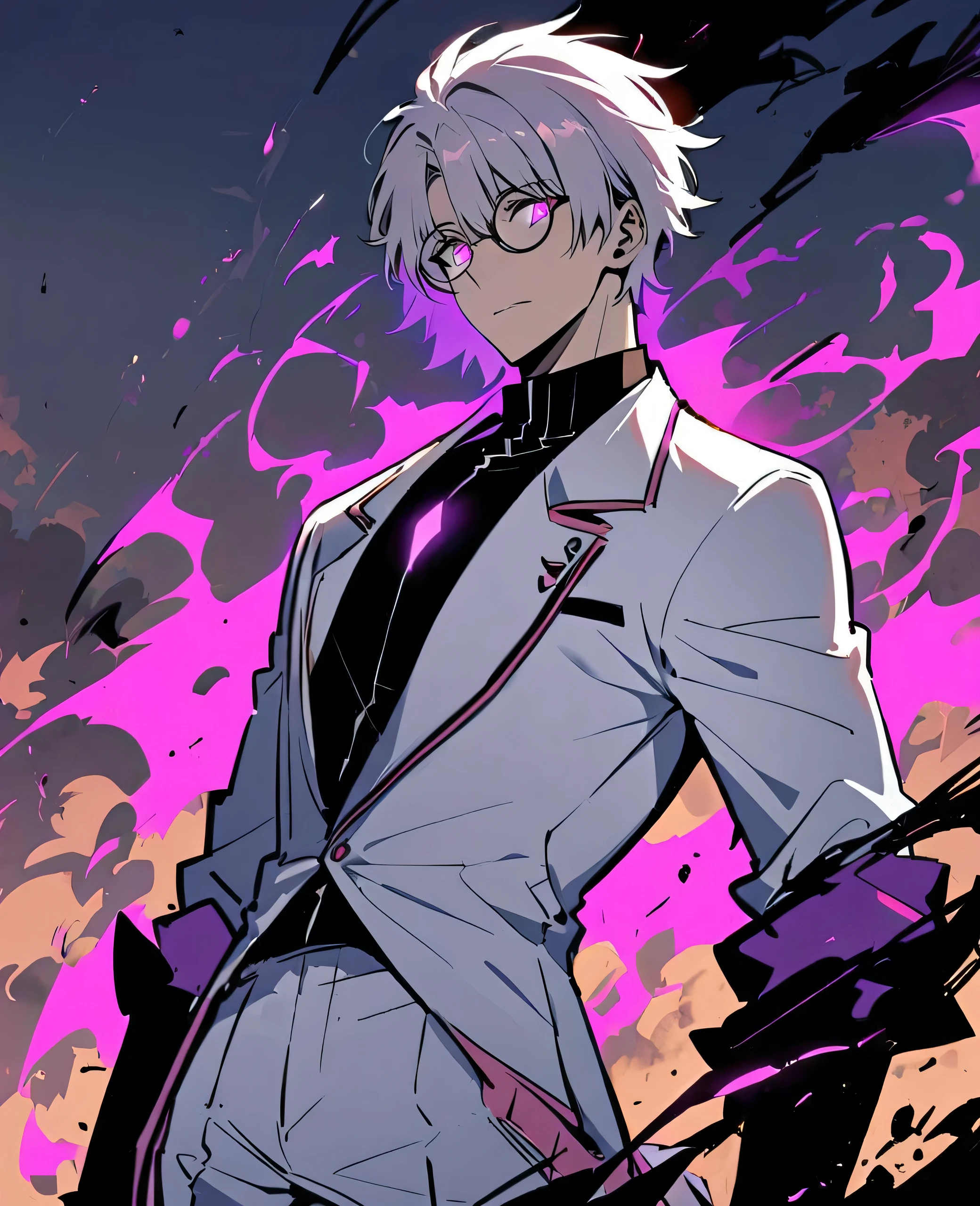 Handsome, solo, male, white hair, glowing pink eyes, round glasses, white shirt, white pants ruins, white jacket, purple flame