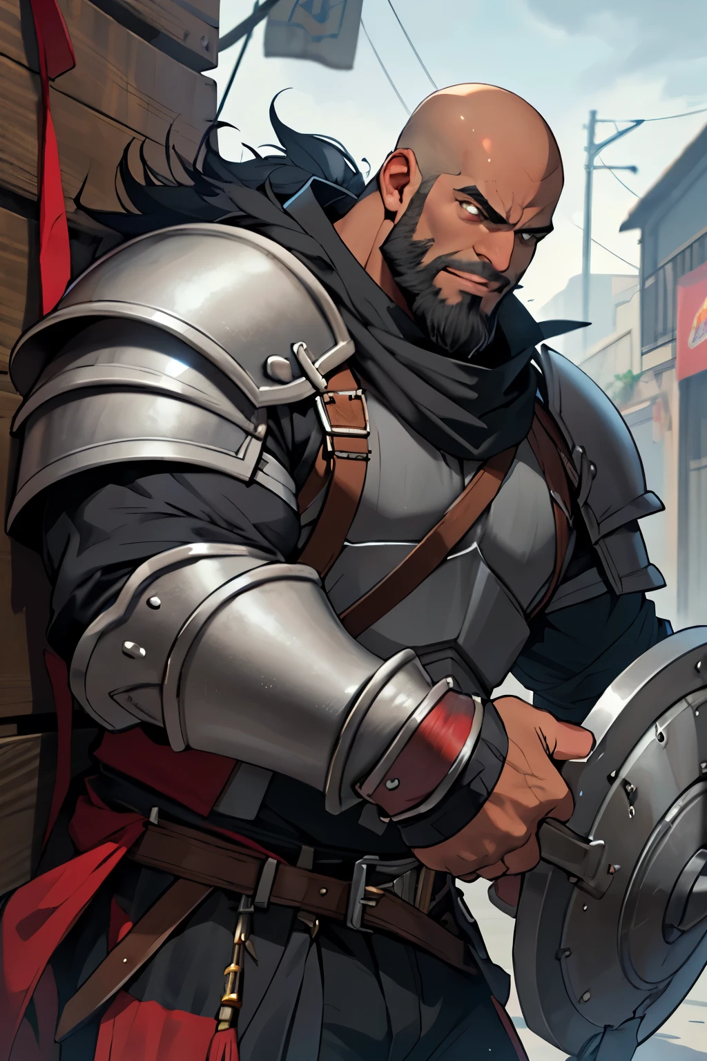 ((dark grey skin)), tidy beard, (bandanna), heavy armor, large, bulky, war hammer and shield, male. bald
