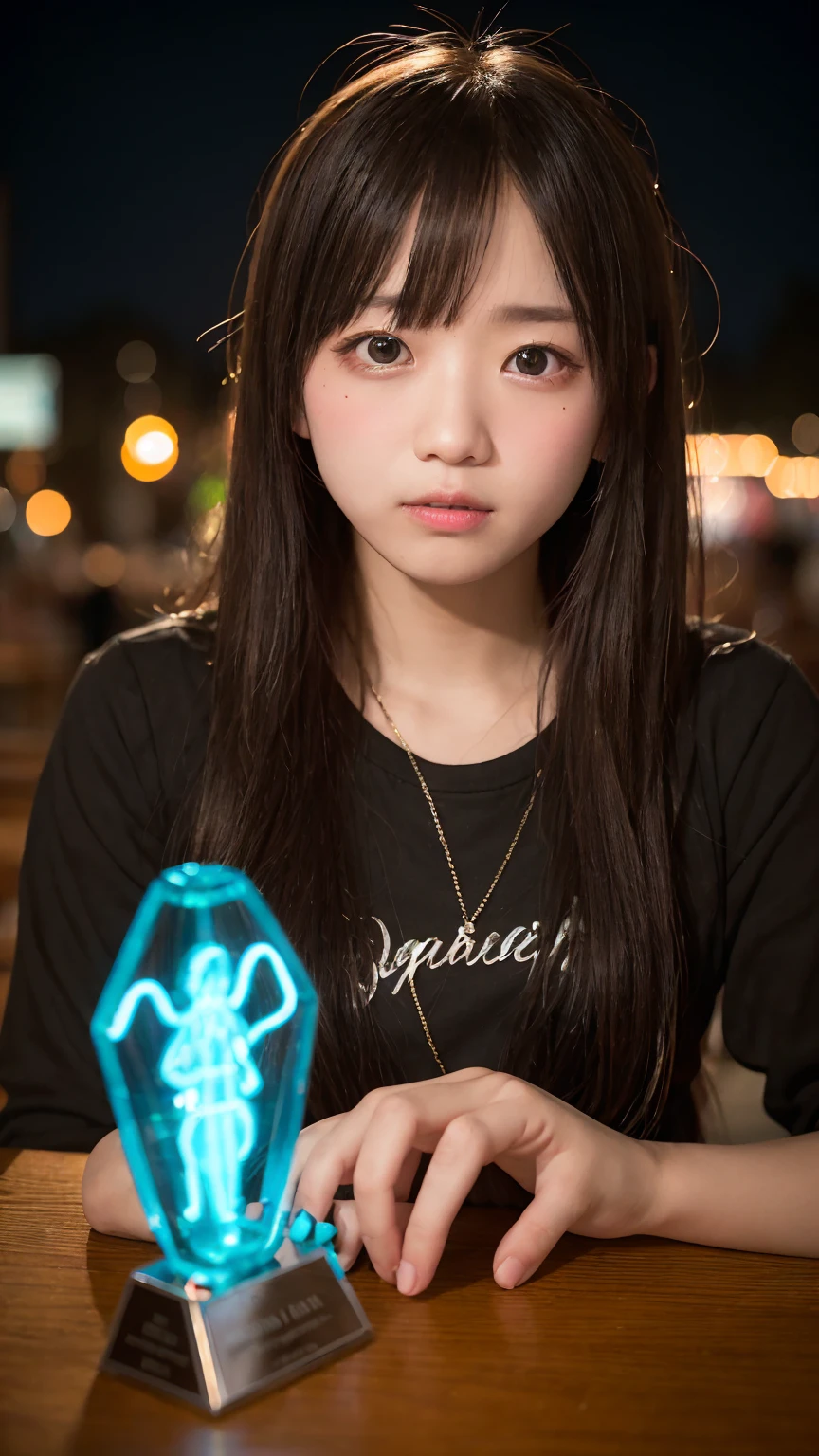 Tabletop, highest quality, 8k, 15-year-old student, , RAW Photos, Absurd, Award-winning portraits, alone, night, neon, Idol'Face, violet, Gardenia, Delicate girl, Upper Body, Digital SLR, View your audience, Frank, Sophisticated, Zola々right, smile, Thin arms, Professional Lighting, Film Grain, chromatic aberration, (Eye and facial details:1.0), (Bokeh:1.1),Twin tail hairstyle,