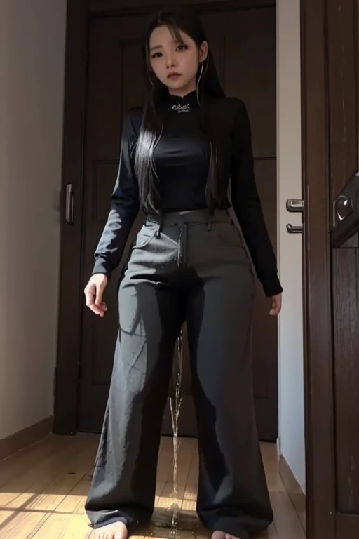 Malay Girl sees the ghost and pees her black ao dai pants until her pants are wet in fright.