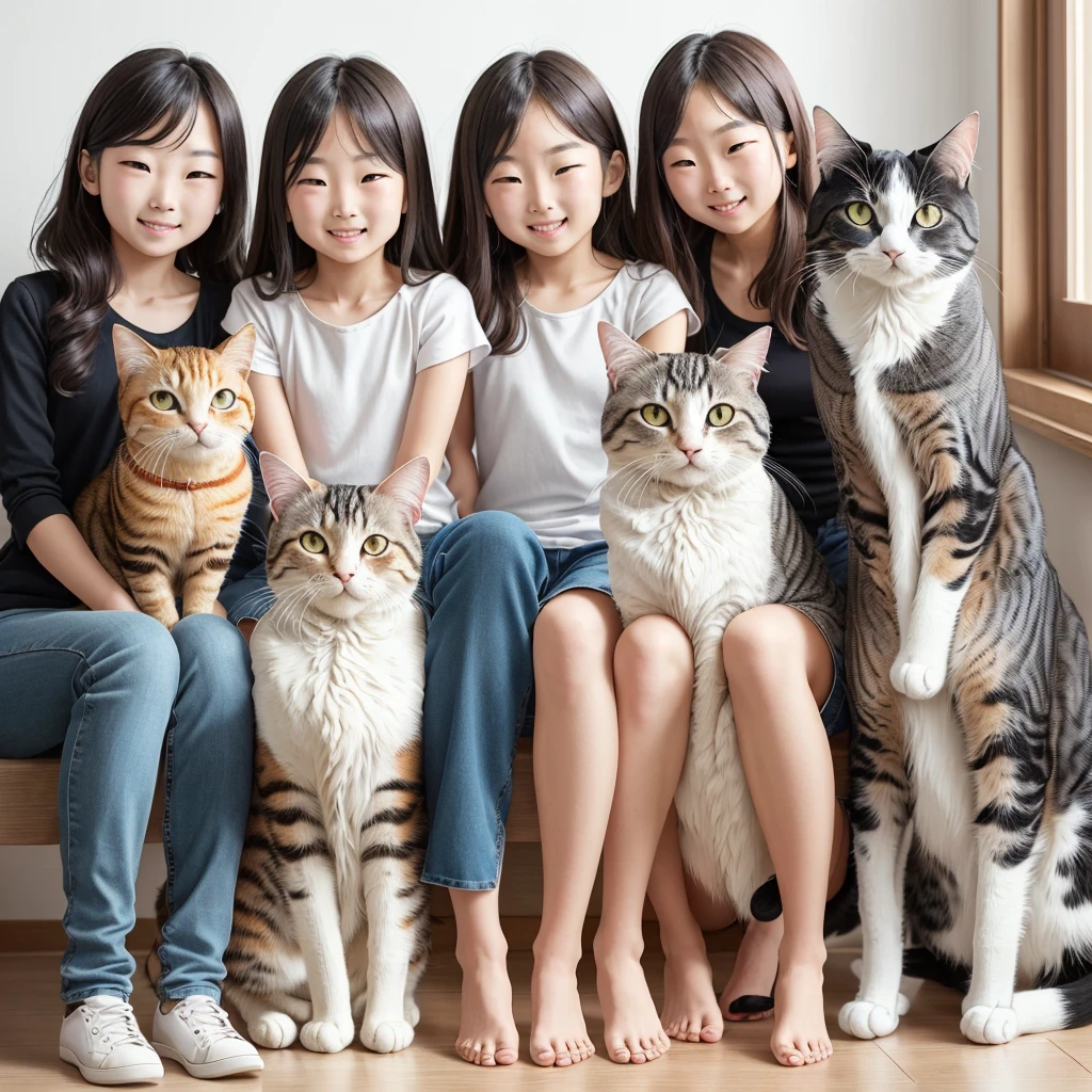 オスCatとメスCat, (オスCat: Swollen cheeks, 茶色のトラCat, Chubby body type), (メスCat: Inverted triangle slim face, Slim figure), 2Animalsで寄り添って寛いでいる, Shiny fur, Sittingスフィンクス, Cat２Animals, Three Girls, Sitting, Crouching with one&#39;s back turned, ***の背中の上で丸くなって寝るCat, Girl&#39;s face looking back, Catが上に, Girl below, Curled up in the cold, 丸くなっている***とCatを見ている友人の***, indoor, Western-style room, poster on wall, Low Desk, textbook, Note, A scene of students relaxing while studying for a test, heartwarming sight, 2AnimalsのCatの佇まいを見ているとほっこりする光景,