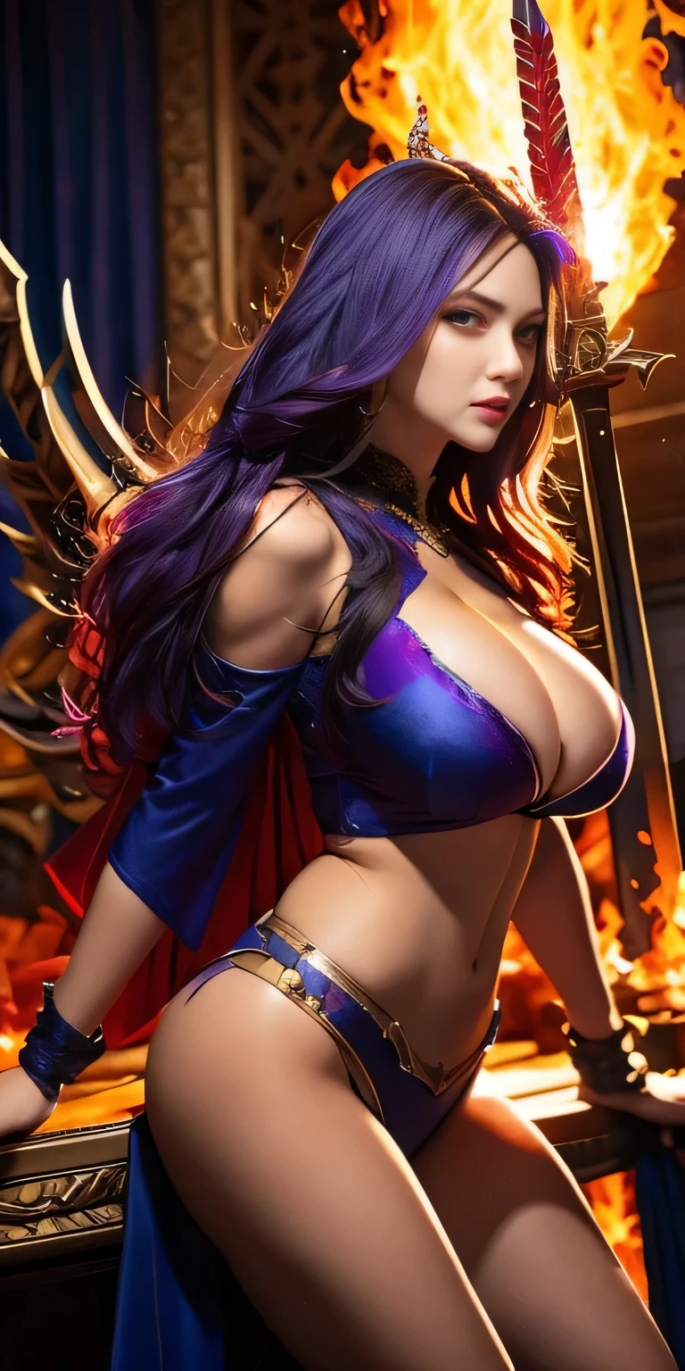 One girl, sword-wielding wizard's daughter, bewitching, sexy, erotic, beautiful face, detailed and perfect face, large and even eyes, perfect proportions, huge breasts, thin waist, navel, big buttocks, crotch Gap, sexy thighs, dynamic pose, bright purple hair and red eyes, and in her right hand she holds a shining sword, the blade of which is covered in flames. Its body is light and agile, able to fly freely, sexy, old castles, large lakes, large mountains, etc.