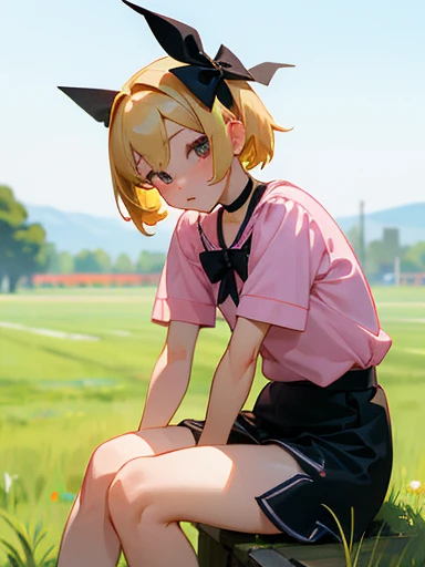 (masterpiece, highest quality:1.3), 1 cute girl, ideal ratio body proportions, blonde short hair, pink shirt, cosplay, jirai kei, bangs, black skirt, black bow, looking at viewer, bow, choker, ribbon, short sleeves, (physical education sitting, sitting with knees up, showing off panties:1.4), (picnic in the meadow:1.2),