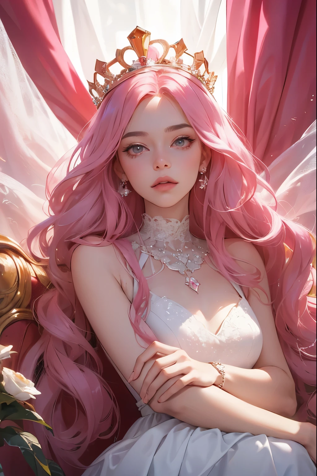 (masterpiece, highest quality), 1 Girl, alone, (Queen:1.15), Pink Hair, Long Hair, curtain, White Dress, Queen's Dress, Aurora, (sunlight, null, river, forest), Expressionless, Red eyes, (Art Nouveau:1.2), Alphonse Mucha, tiara, (Face focus, Upper Body), (Red Throne:1.12), Very intricate details, Realistic Light, smile