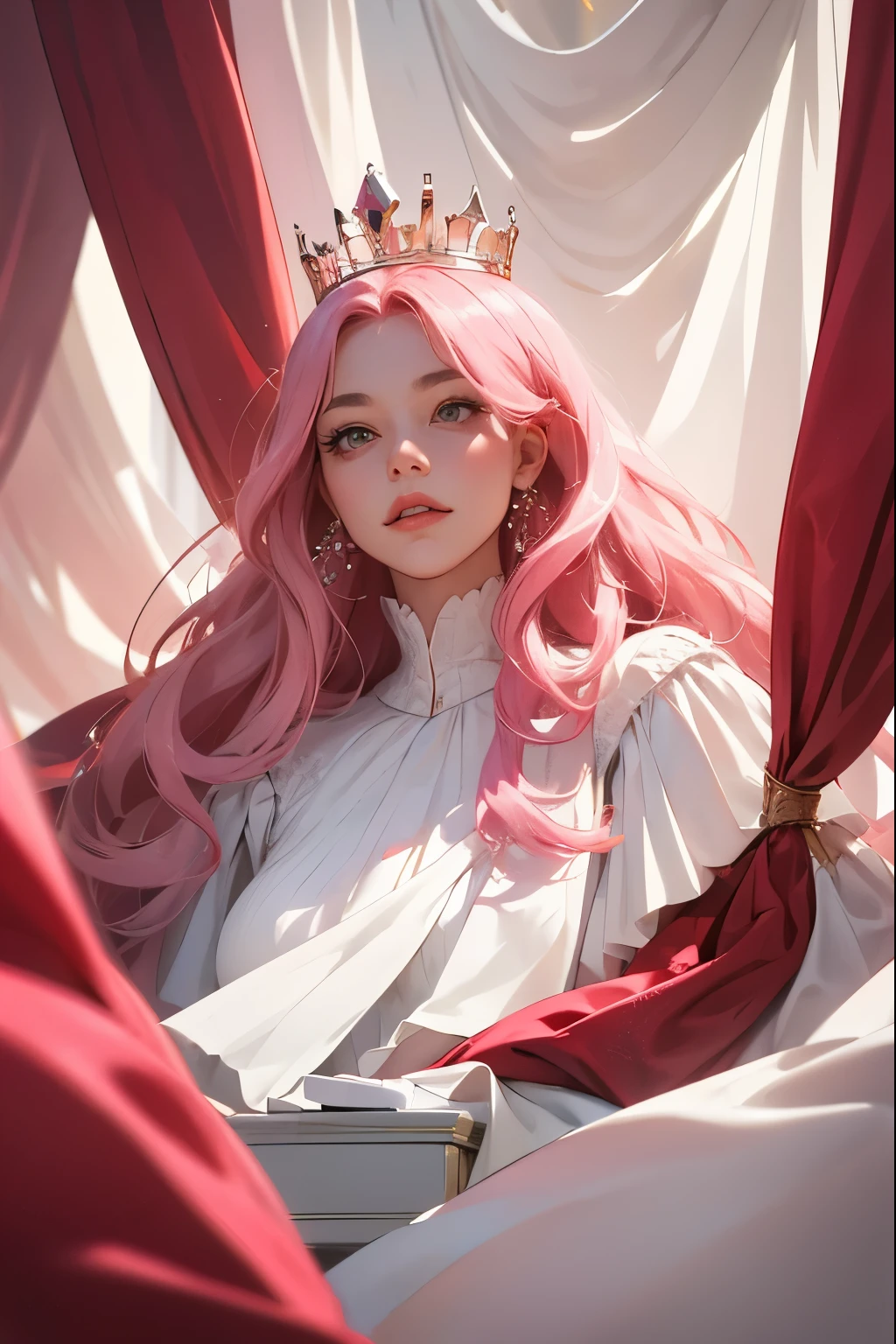 (masterpiece, highest quality), 1 Girl, alone, (Queen:1.15), Pink Hair, Long Hair, curtain, White Dress, Queen's Dress, Aurora, (sunlight, null, river, forest), Expressionless, Red eyes, (Art Nouveau:1.2), Alphonse Mucha, tiara, (Face focus, Upper Body), (Red Throne:1.12), Very intricate details, Realistic Light, smile
