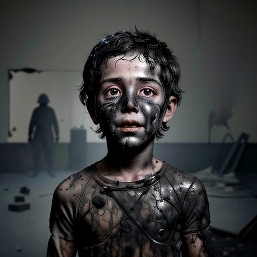 Boy covered in soot during an explosion scene in a comedy drama