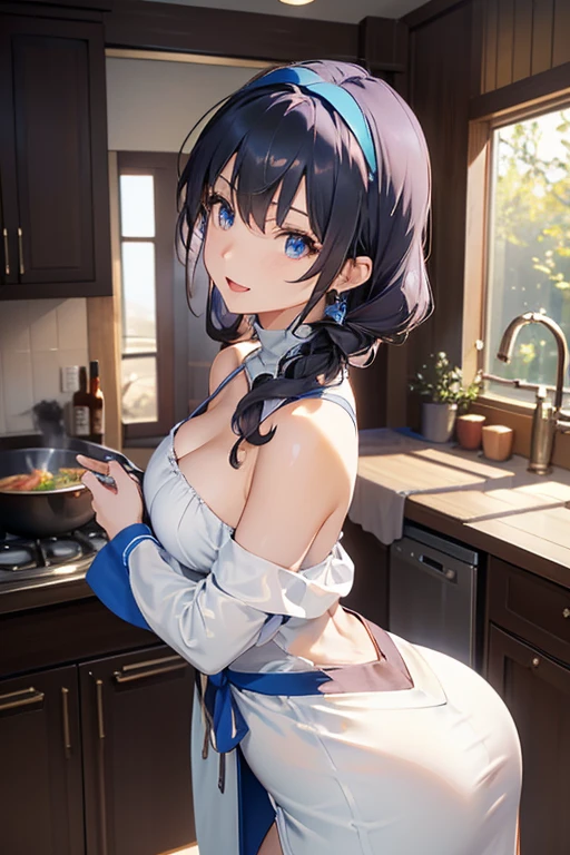 (dynamic angle:1.3, front view:0.9, breast focus:1.3, from below:1.2), (dynamic posing:1.5, sexy posing:1.3, leaning forward), (seductive smiling:1.3),masterpiece, 1girl, pointed chest:1.3,(double breasted:1.2,under bust:1.2), Amazing Cleavage:1.3, thin waist, big ass, Raised sexy, small breast: 1.6, posed cleavage:1.2、solo, looking at viewer, open mouth, silver bronde hair, blue eyes, bare shoulders, collarbone, sidelocks, hairband, sapphire earrings, indoors, red off shoulder sweater dress, arms behind back, short hair with long locks, blue gold hairband, big side hair, very long side hair is rendered in (masterpiece: 1.2, best quality), with (ultra high resolution) and an exquisite (depth of field). This masterpiece is not only visually stunning but also tells,A scene of cooking in the kitchen