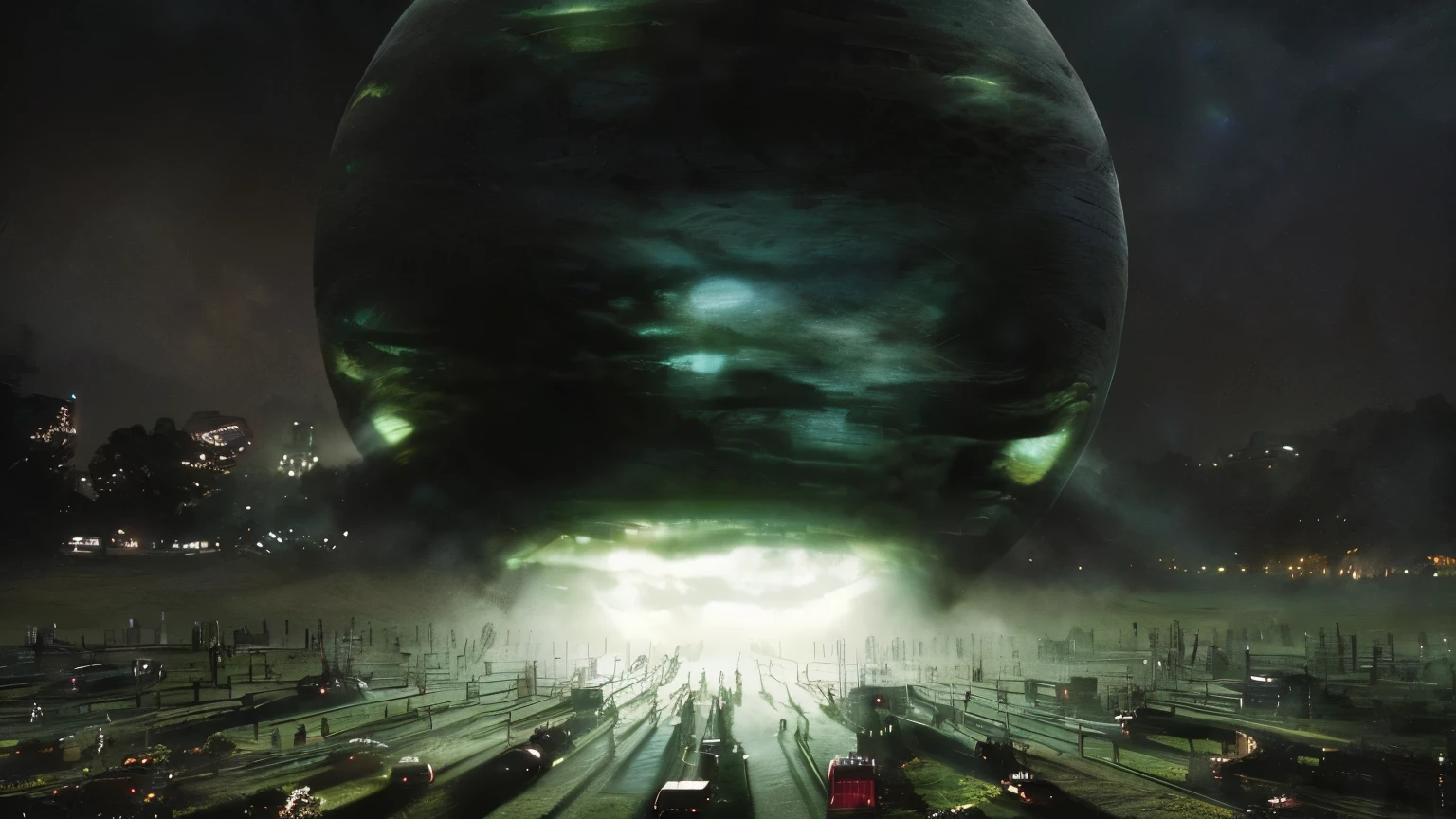 there is a large alien head in the middle of a field, an epic scifi movie still, depicted as a scifi scene, epic scifi movie still, populated with aliens and people, dramatic sci-fi movie still, an alien city, photo of a dyson sphere, in a scifi movie, alien city, sci-fi movie shot, alien supercity, christopher shy