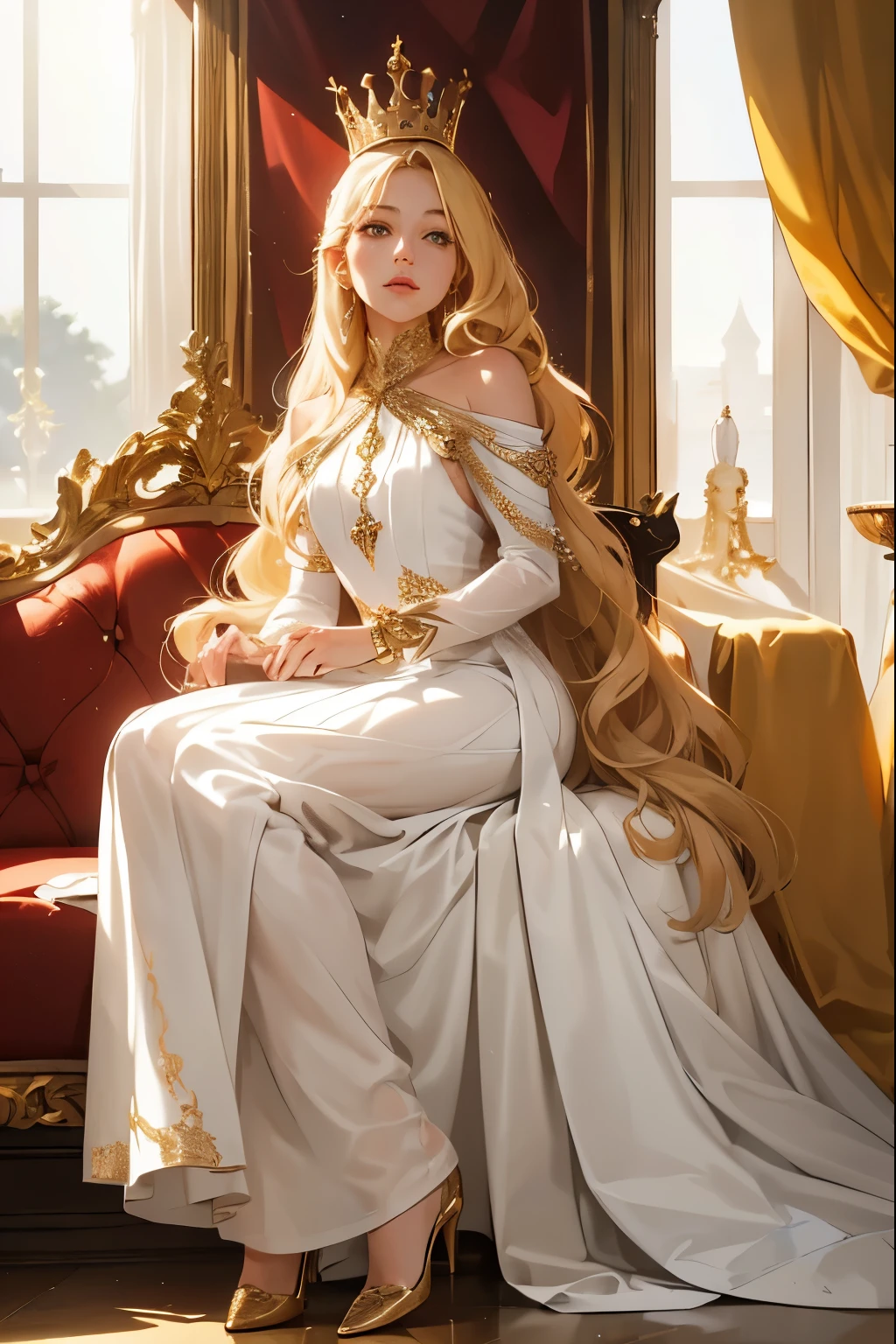 (masterpiece, highest quality), 1 Girl, alone, (Queen:1.15), Golden Hair, Long Hair, curtain, White Dress, Queen's Dress, Aurora, (sunlight, null, river, forest), Expressionless, Red eyes, (Art Nouveau:1.2), Alphonse Mucha, tiara, (Face focus, Upper Body), (Red Throne:1.12), Very intricate details, Realistic Light, smile