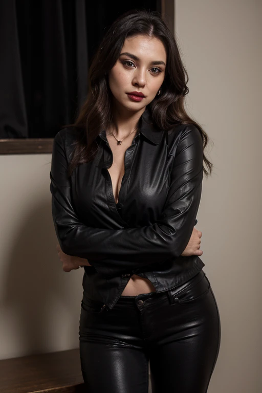 realistc american woman, thirty-eight years old, straight brown long hair, brown eyes,stand-up,hugging position, black pants ,black blouse and black jacket,Gothic style, black thin high-heeled sandal makeup with pink lipstick