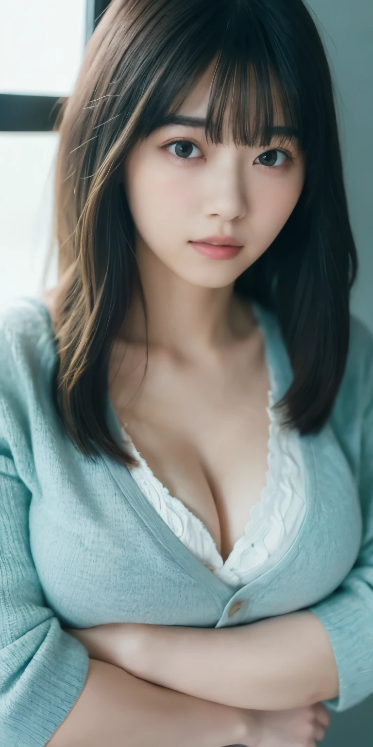 masterpiece, highest quality, 8k, 20th Generation, Big Breasts, cute, alone, sad, cute, Girlish, cute、Delicate girl, Pure beauty,  RAW Photos, Professional photography, Portraiture, Soft Light, Professional Lighting, Backlight, Upper Body, avert your eyes, Sophisticated, Film Grain, (Round face、Young Face、Thin eyebrows、Thin lips:1.0), Floating Hair, beautiful, Flowing hair, bangs, White blouse、pastel cardigan、(Big Breasts:1.2)、You can see the chest a little、Micro Mini Skirt、Voluptuous thighs、dolly make、Heterochromia iridis、Left and right eyes are different colors、Midsummer sky、Cumulonimbuidsummer Beach