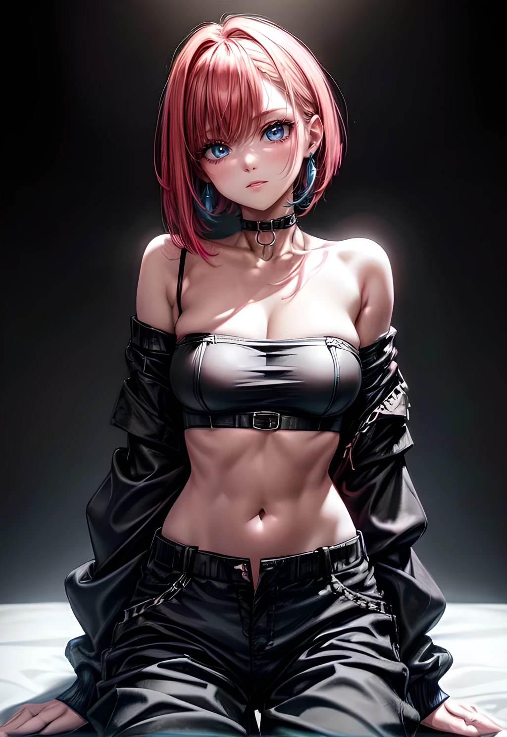 Cinematic lighting、16k picture quality、highlydetailed skin、masutepiece,1girl in, Solo、Best Quality,cyberpunked,(1beautiful woman、Detailed beautiful facial features:1.3)(Red color medium bob hair)Blue Eye Break Cinematic Lighting、16k picture quality、highlydetailed skin,1girl in, Solo、Best Quality,cyberpunked,(1beautiful woman、Detailed beautiful facial features:1.3)(Red color medium bob hair、Long bangs:1.3)(large breasts with good shape:1.3)Blue eyeREAK (pink theme:1.4), (vivid colors:1.ink sweater:1.4), (long-sleeve:1.3), ((off shoulder, navel, stomach):1.3),
BREAK (black theme:1.3), ((black oversized pants, black baggy pants):1.3), (black choker:1.2), (earrings:1.2), (lace-up boots:1.1),（Midnight、Terrace seating in the restaurant、meat dishes on the table:1.2）Eating food at a table on the terrace