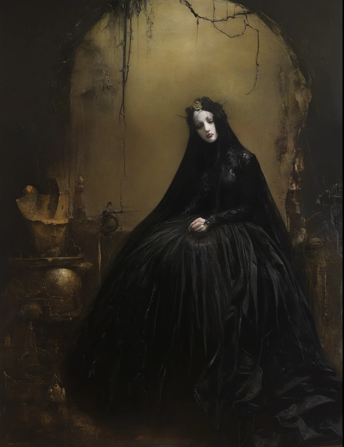 James Gurney, Surrealist art , dream-like, Mysterious, Provocative, symbolic, Complex, detailed,, (Gothic but very beautiful:1.4), (masterpiece, highest quality:1.4) , Nicola Samori Style,
