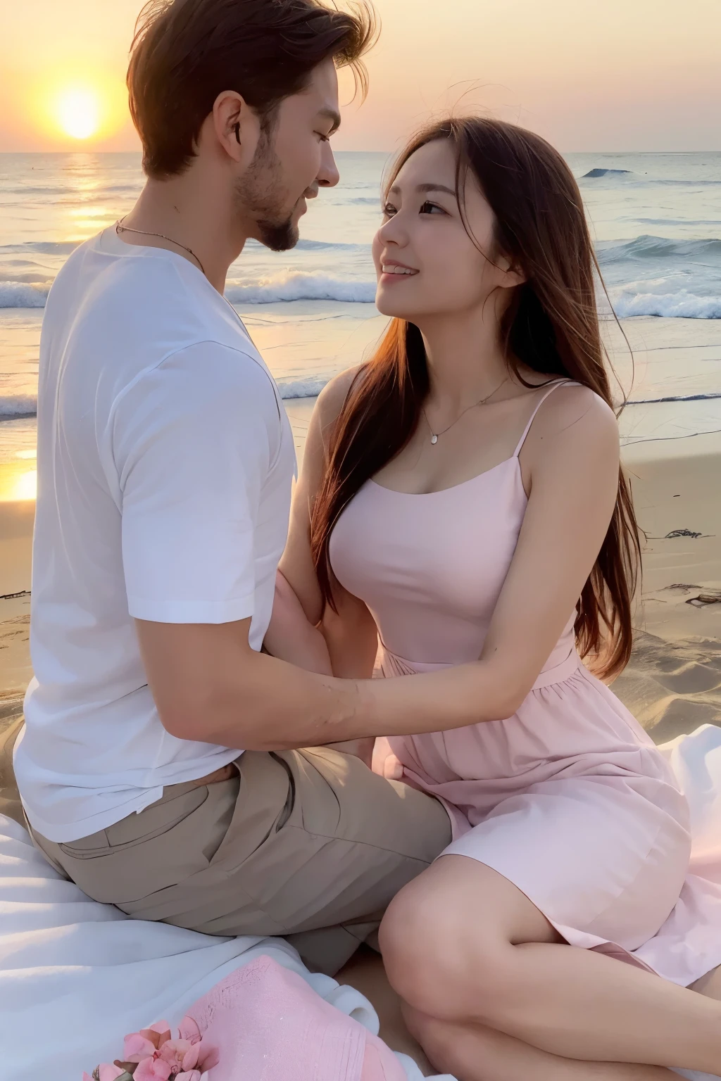 ((Man and woman couple:1.27,Gazing at each other)),Calm waves,Sandy Beach,sunset,A beautiful gradation of orange and pink,Several yachts、Couple sitting on a picnic blanket,Woman in white summer dress、Long hair blowing in the wind,She is in a sideways sitting position.,Men&#39;s casual shirts,Shorts,He looks at the woman tenderly.、With one hand he gently tucks her hair behind her ear.,The woman smiles,love,The man smiles softly,There is a natural intimacy between the two of them,The couple&#39;s eyes meet,Deep bonds,The wind is calm,Gently swaying their hair and clothes,The sun begins to set,A beautiful scene where the sky and sea come together,