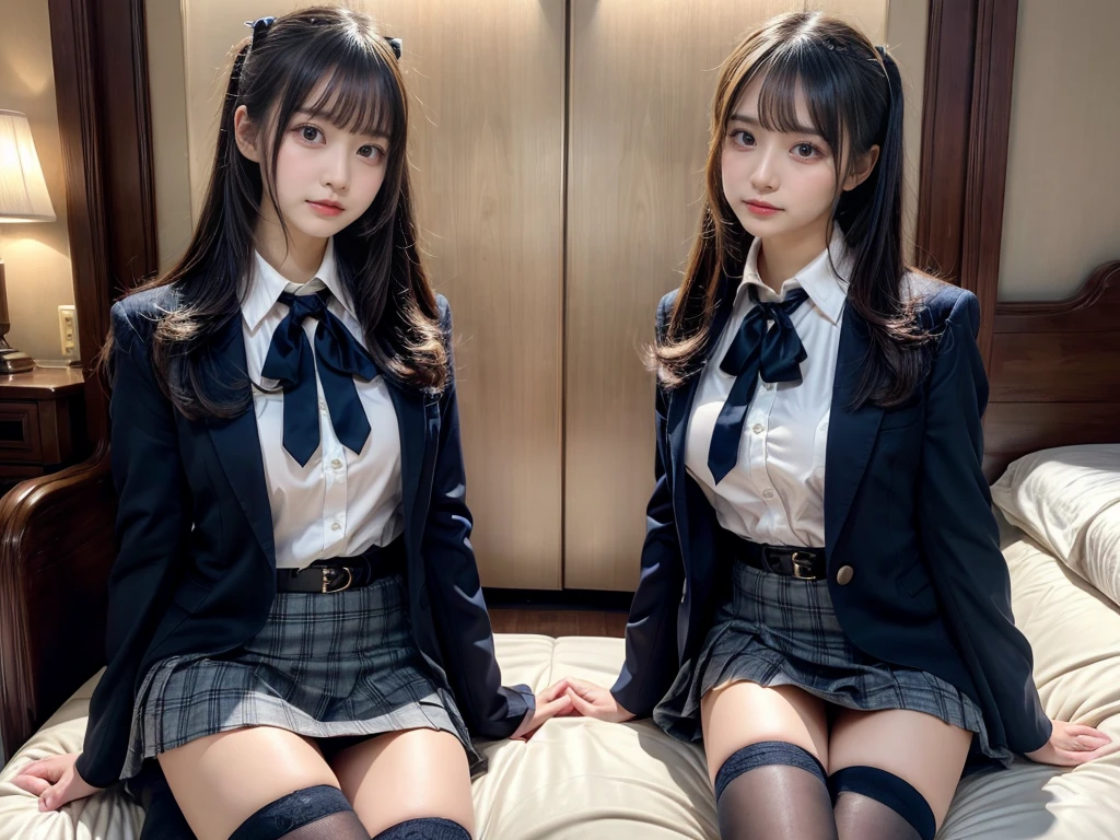 muster piece, best quality, illustration, Super detailed, fine details, High resolution, 8K,wall paper, perfect dynamic composition,(Details High quality, realistic depiction of eyes:1.3), ((2 girls, 2 schoolgirls)), The background is a luxury hotel room、High school girl uniform、blazer 、Super Short Check Uniform Skirt、Navy blue high socks、garterbelts、Colossal tits、Disturbed uniform, Play with each other,Touching each other's bodies,Touching the body of the girl next door, short bob hair, black hair color, huge breasts, Big Natural Color Lip, bold sexy pose, (perfect body shape), crying a little、cold gaze, Harajuku style、Beautiful makeup,glitter makeup,Cutest 18 years old, beautiful legs, hposing Gravure Idol, Voluptuous thighs