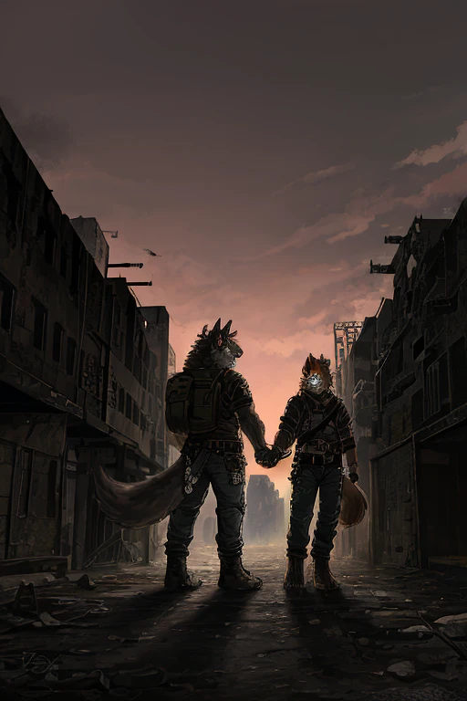 Epic Picture Quality, Post-apocalyptic setting, ruins and debris, Dusk, Reddish-gray sky, Lone Character, Anthropomorphic Squirrel Zombie, Musculature, Furry, Red and gray striped fur, Zombie eyes, Glowing yellow pupils, Crows feet surrounding the eyes, Sharp teeth, Hairy paws with long claws, Black patchy clothing, Distressed jeans, Holes on the clothing, Leather belt with a hunting knife, Standing on one leg, Left hand on the ground for balance, Right hand holding a backpack, Left ear torn in half, Rotting tail with patches of fur, Leaning against a building,