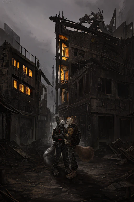 Epic Picture Quality, Post-apocalyptic setting, ruins and debris, Dusk, Reddish-gray sky, Lone Character, Anthropomorphic Squirrel Zombie, Musculature, Furry, Red and gray striped fur, Zombie eyes, Glowing yellow pupils, Crows feet surrounding the eyes, Sharp teeth, Hairy paws with long claws, Black patchy clothing, Distressed jeans, Holes on the clothing, Leather belt with a hunting knife, Standing on one leg, Left hand on the ground for balance, Right hand holding a backpack, Left ear torn in half, Rotting tail with patches of fur, Leaning against a building,