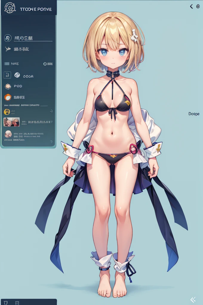 ID photo、1girl、Standing in front of the viewer、vtuber-fullbody、highest quality、Masterpiece、Official Art、The best composition、Super detailed、short hair、Simple bikini、Small breasts、barefoot、Upright Pose、Character Design、Front standing portrait、Simple Background、
(Perfect hands, Perfect Anatomy),
perfect,fingers,4 fingers1 thumb