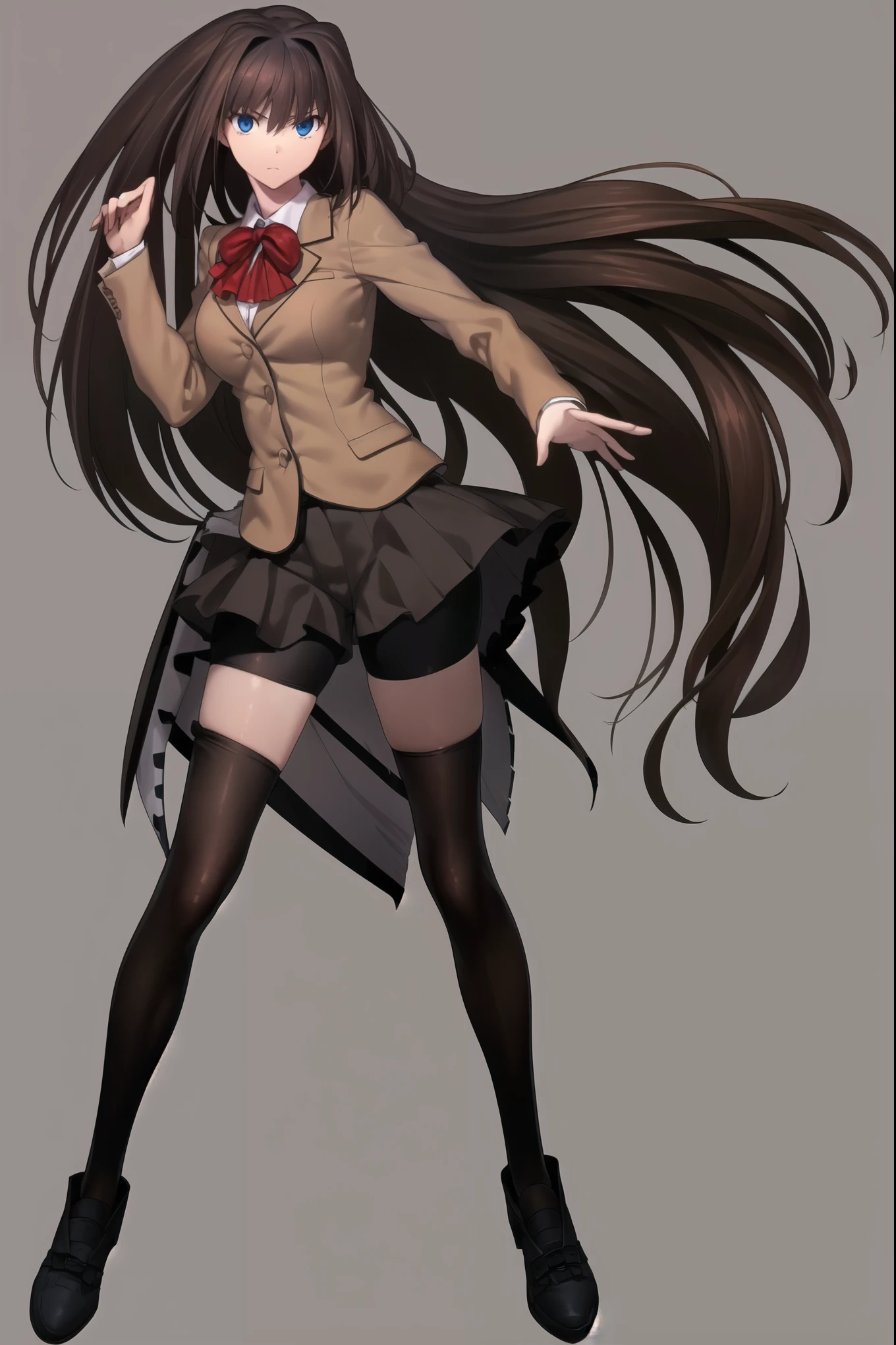 8k, high quality, AokoSchoolUniform, ((1girl)), (((solo))), (chestnut-brown hair with slightly reddish undertone), perfect face, red bowtie, beige blazer, (Umber pleated mini-skirt:1.5), (black spandex shorts:1.4), (nice thighs:1.4), large chest, well formed breasts, (black longest stockings:1.5), (brown Strap-Shoes), standing, ((full body shot)), (white-empty background:1.4), completely empty background, ((complete body in picture)),