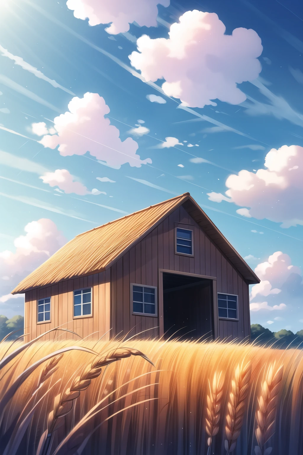 blue sky white clouds wheat field house
