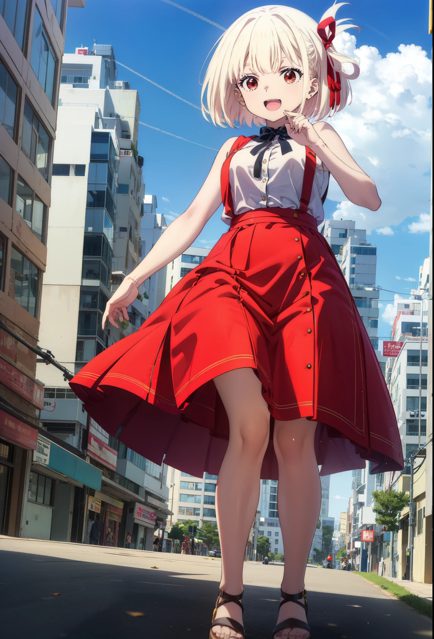 chisatonishikigi, Chisato Nishikigi, short hair, bangs, blonde, (Red eyes:1.5), Hair Ribbon, One side up, Bobcut,happy smile, smile, Open your mouth,
Open your mouth, Red sleeveless dress,Bare arms,Red long skirt,Cute Sandals,whole bodyがイラストに入るように,Walking,Daytime,sunny, walk,Looking up from below,break looking at viewer,whole body,break outdoors, In town,Coastal Road, break (masterpiece:1.2), highest quality, High resolution, unity 8k wallpaper, (shape:0.8), (Beautiful details:1.6), Highly detailed face, Perfect lighting, Extremely detailed CG, (Perfect hands, Perfect Anatomy),