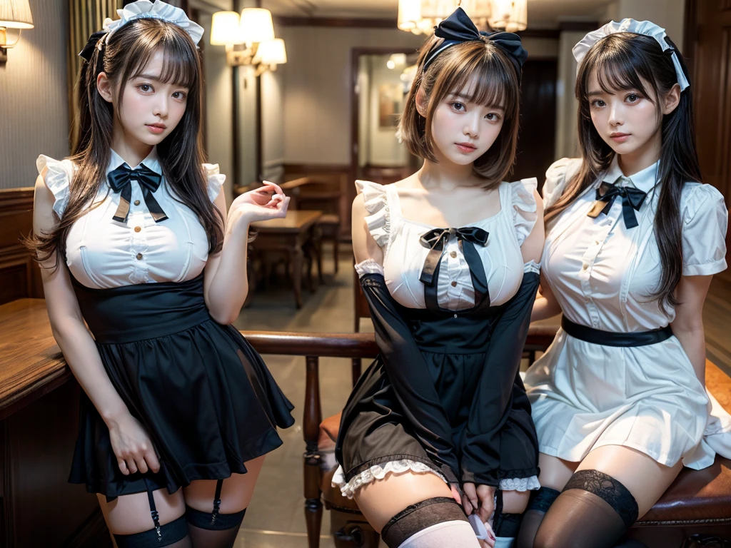 (8K, Raw photography, top-quality, masterpiece:1.2), master piece, best quality, illustration, Super detailed, fine details, High resolution, 8K,wall paper, perfect dynamic composition,(Details High quality, realistic depiction of eyes:1.3), ((2 girls, 2 schoolgirls)), huge breasts,The background is a luxury hotel room、(bow ribbon, Maid, knee high socks:1.3), Play with each other,Touching each other's bodies,Touching the body of the girl next door, short bob hair, black hair color, huge breasts, Big Natural Color Lip, bold sexy pose, (perfect body shape), crying a little、cold gaze, Beautiful makeup,glitter makeup,Cutest 18 years old, beautiful legs, hposing Gravure Idol, Voluptuous thighs