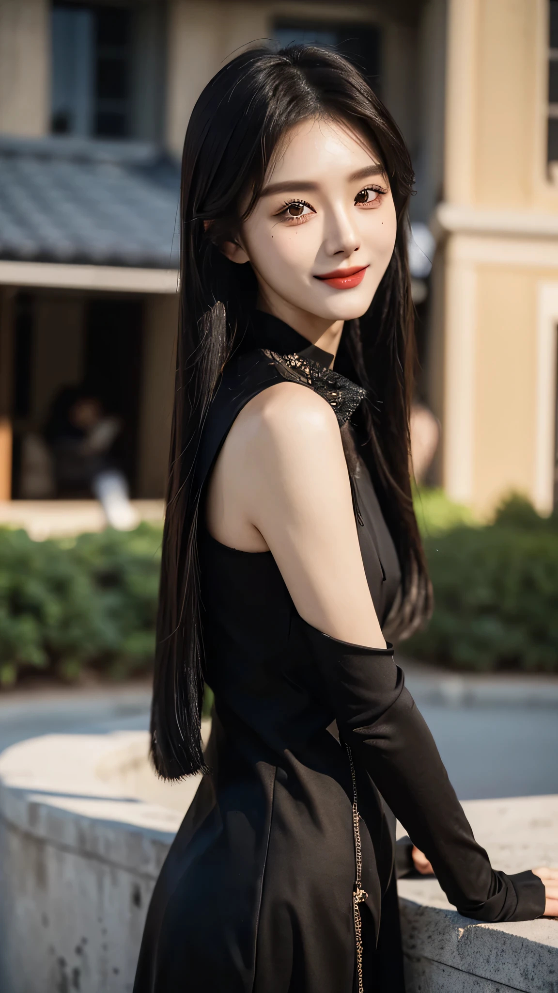 masterpiece、top-quality)、1 beautiful girl、((Wearing black sunglasses )), (Detailed beautiful eyes), ((Detailed skin)) , ((Detailed medium hair)), in the black villa、((Boyish Brown Medium Hair))、((Smaller face))、((Neutral face))、((Face seen from the side))、((Light brown eyes))、((Korean Girl))、((18year old))、((cool lady))、((A shy smile on his face))、((Korean Makeup))、((elongated and sharp eyes))、((Happy dating))、((boyish))、((Shot from the same height as your face)、full body , RAW photos, on the black villa ), ((CG rendering)), ((Blurred background)), ((16K)), ((Very detailed)), ((wallpaper)), ((depth of field)), ((movie light)), (( Ray tracing)).