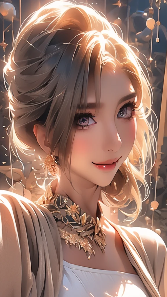 Very detailed, beautiful, highest quality, Professionally taken photos, Like a poster, detailed beautiful round eyes, beautiful detailed face, Whole Body Ezbian, Medium Long Hair, Casual Hairstyles, (Random color hair, Golden mesh), Big eyes, Random color eyes, Long eyelashes, Thick mascara, Dark eyeliner, (Huge breasts), (Bust about to burst:1.45), Wide selection, Thick waist), (Wide Hips:1.4, Toned thighs, Body Curves), 40 years old, woman, (White tight dress, white), Perfect Face, Perfect body, Sexy pose, (A shy smile), Random Location, nature, (alone), The light on my face,