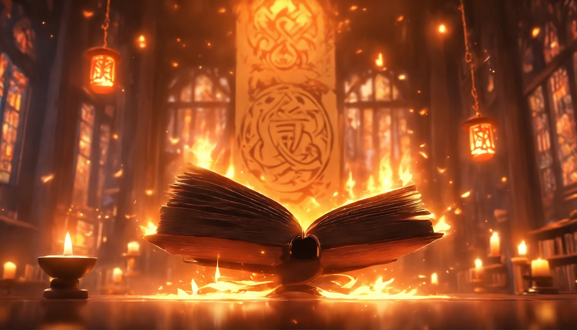 highest quality, masterpiece, Library, Magical Aura, Glowing sigils and runes, Floating book, candle and lantern, Structure of the film, Volumetric lighting