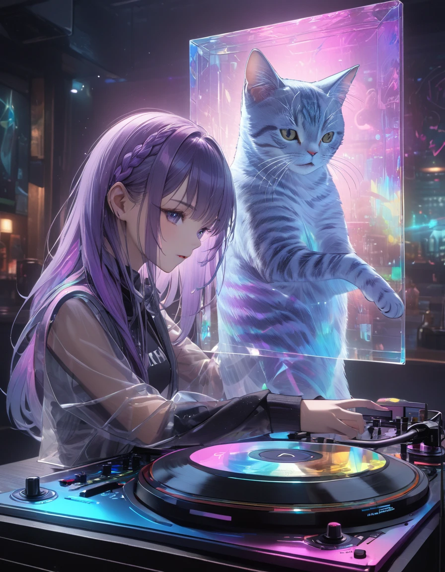 Full color, (transparency:2.0), 
BREAK Ultra-realism, Detailed and realistic skin texture, Detailed and intricate texture, Detailed and intricate brushwork, Detailed and clear depiction, Transparent depiction, aesthetic, 
Girl with cat, DJ girl in a club, cyber punk, White and purple gradient braided long hair, Neon holographic transparent cat dancing like a human, BREAK Neon Art Background, Cinematic lighting effects, Transparent light, Mysterious Light, Fantastic Fog, Cryptical, 
BREAK ((Phantasmal iridescent, holographic)), (詳細でTransparent depiction, transparency:1.6), 