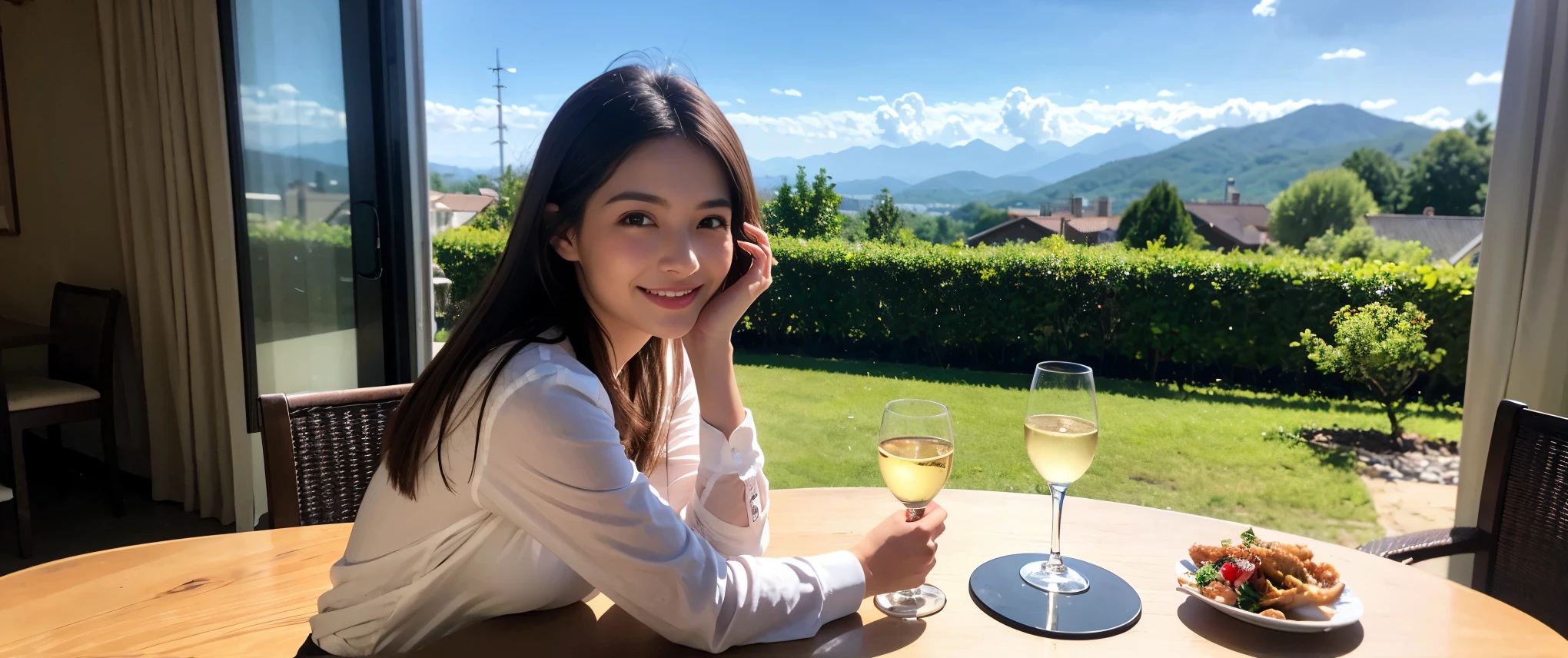 ((highest quality、8k、masterpiece:1.3))、1 male、1 female、Couple、spouse、Couple、Slim body、((Bob Hale、Straight hair:1.2)), (Realistic, Intricate details:1.2), Wine glass on the table、Shine light on your face、 Amazing view of the sunset sky and clouds、Amazing mountain views、A bright smile、The wonderfulness of smile、Bright image、The beauty of wine, Beautiful Face, blue eyes, The light shines on your face, Blushing, short hair,Bright Face、 (Age 37), 39 years old, red wine 、Appetizers、Italian food、Wine bottle、Champagne、sparkling wine、Two beauties、Brown Hair、Shortcuts、Long sleeve shirt、dress、Pretty Woman 1, (Slim face), (The body is slim), (Brown Hair), (Shortcuts), cheeks turn a little red,Attractive beauty、restaurant, In a prominent place (From the waist up) Nova Frog Style, actress, model, Upper Body, White wine, slim, wine glass, Wine glass placed in the center, smile, (smile: 1.15), Beautiful fine grain, Depth f/2,saturation, High Contrast, Strong light and shadow,Moist Body:1.5、3D texture、Delicate eyes、Brown Hair、The hair is very shiny、