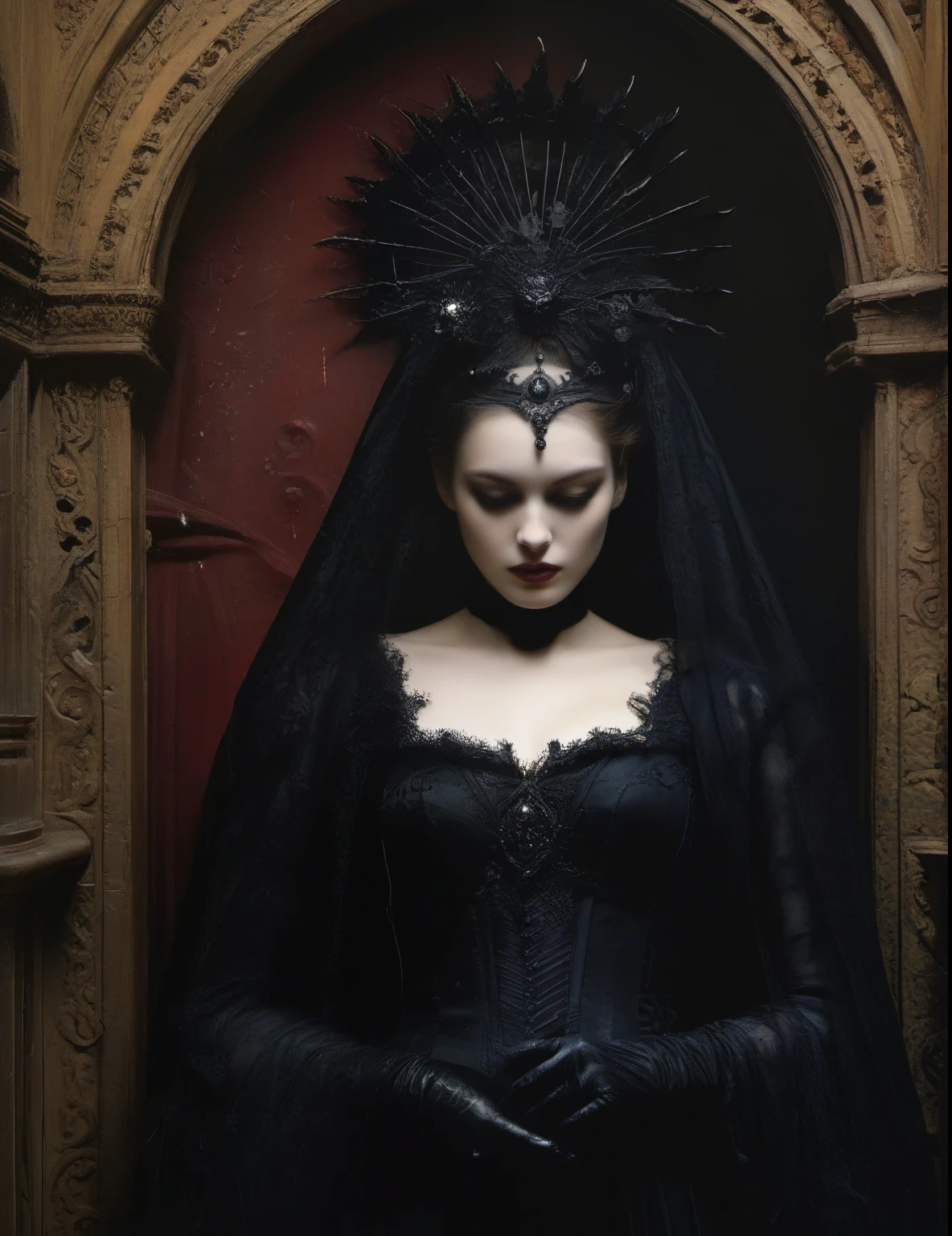 James Gurney, Surrealist art , dream-like, Mysterious, Provocative, symbolic, Complex, detailed,, (Gothic but very beautiful:1.4), (masterpiece, highest quality:1.4) , Nicola Samori Style, Queen of the Night's Aria